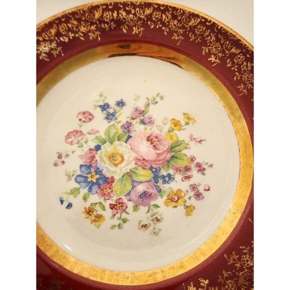 PLATES-BREAD-BUTTER-CENTURY BY SALEM-23K Gold Encrusted-Burgundy-Floral-Set of 4 - Picture 7 of 16